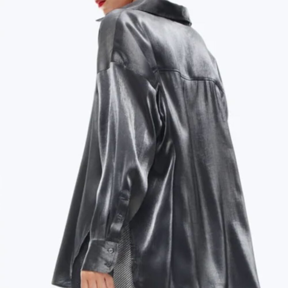 H&M Women's Metallic Silver Oversized Long Sleeve Button Down Shirt size L